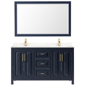 Daria 60 Inch Double Bathroom Vanity in Dark Blue Carrara Cultured Marble Countertop Undermount Square Sinks 58 Inch Mirror