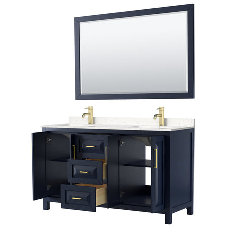 Daria 60 Inch Double Bathroom Vanity in Dark Blue Carrara Cultured Marble Countertop Undermount Square Sinks 58 Inch Mirror