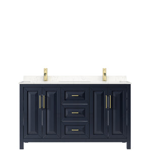 Daria 60 Inch Double Bathroom Vanity in Dark Blue Carrara Cultured Marble Countertop Undermount Square Sinks No Mirror