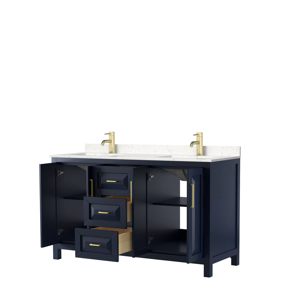 Daria 60 Inch Double Bathroom Vanity in Dark Blue Carrara Cultured Marble Countertop Undermount Square Sinks No Mirror