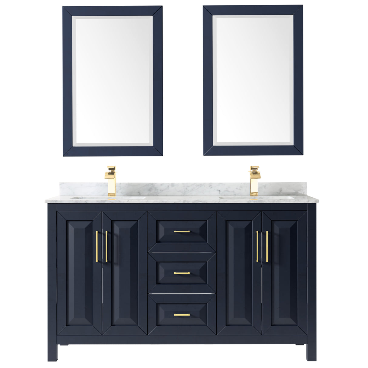 Daria 60 Inch Double Bathroom Vanity in Dark Blue White Carrara Marble Countertop Undermount Square Sinks 24 Inch Mirrors