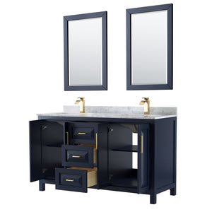 Daria 60 Inch Double Bathroom Vanity in Dark Blue White Carrara Marble Countertop Undermount Square Sinks 24 Inch Mirrors