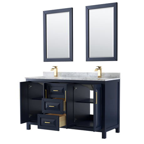 Daria 60 Inch Double Bathroom Vanity in Dark Blue White Carrara Marble Countertop Undermount Square Sinks 24 Inch Mirrors
