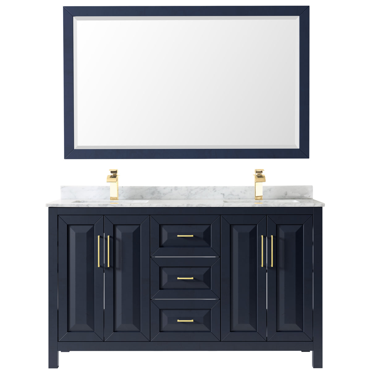 Daria 60 Inch Double Bathroom Vanity in Dark Blue White Carrara Marble Countertop Undermount Square Sinks 58 Inch Mirror