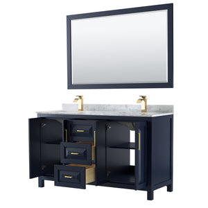 Daria 60 Inch Double Bathroom Vanity in Dark Blue White Carrara Marble Countertop Undermount Square Sinks 58 Inch Mirror