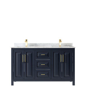 Daria 60 Inch Double Bathroom Vanity in Dark Blue White Carrara Marble Countertop Undermount Square Sinks No Mirror