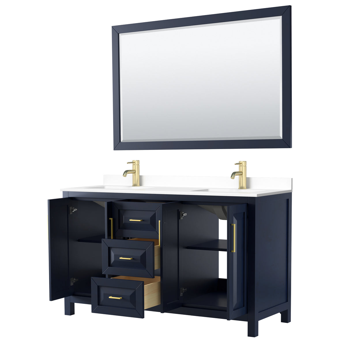 Daria 60 Inch Double Bathroom Vanity in Dark Blue White Cultured Marble Countertop Undermount Square Sinks 58 Inch Mirror