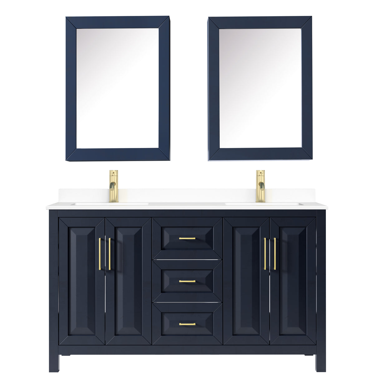 Daria 60 Inch Double Bathroom Vanity in Dark Blue White Cultured Marble Countertop Undermount Square Sinks Medicine Cabinets