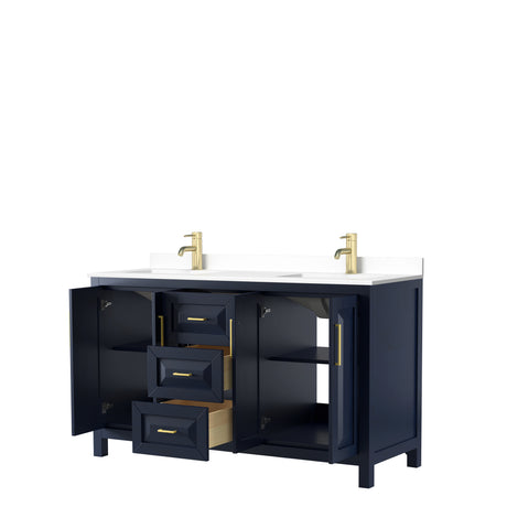 Daria 60 Inch Double Bathroom Vanity in Dark Blue White Cultured Marble Countertop Undermount Square Sinks No Mirror