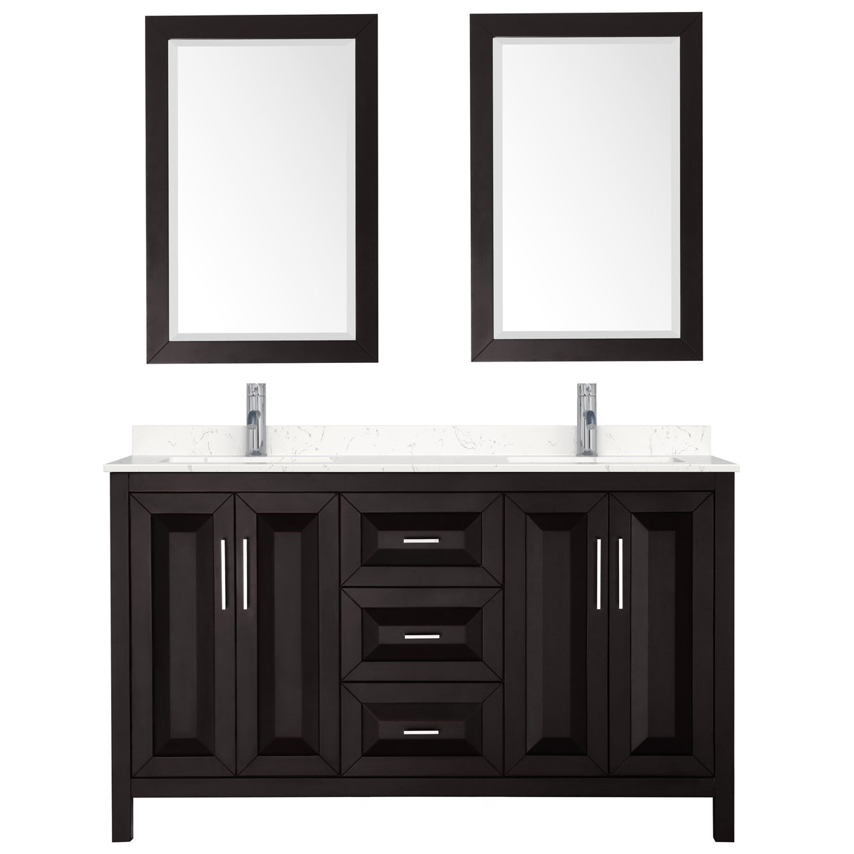 Daria 60 Inch Double Bathroom Vanity in Dark Espresso Carrara Cultured Marble Countertop Undermount Square Sinks 24 Inch Mirrors