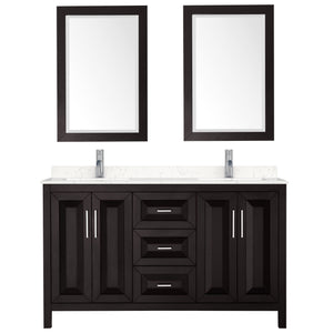 Daria 60 Inch Double Bathroom Vanity in Dark Espresso Carrara Cultured Marble Countertop Undermount Square Sinks 24 Inch Mirrors