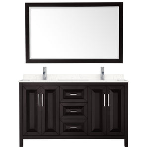 Daria 60 Inch Double Bathroom Vanity in Dark Espresso Carrara Cultured Marble Countertop Undermount Square Sinks 58 Inch Mirror