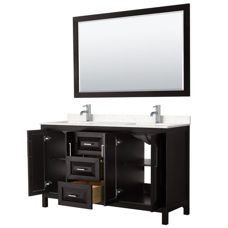 Daria 60 Inch Double Bathroom Vanity in Dark Espresso Carrara Cultured Marble Countertop Undermount Square Sinks 58 Inch Mirror