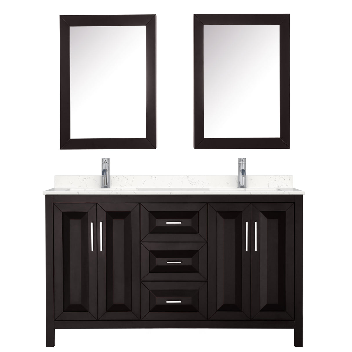 Daria 60 Inch Double Bathroom Vanity in Dark Espresso Carrara Cultured Marble Countertop Undermount Square Sinks Medicine Cabinets
