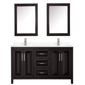 Daria 60 Inch Double Bathroom Vanity in Dark Espresso Carrara Cultured Marble Countertop Undermount Square Sinks Medicine Cabinets
