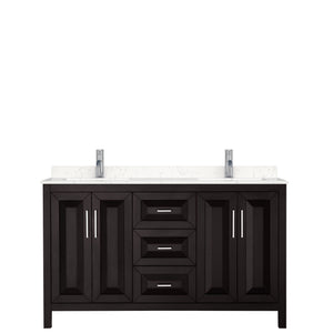Daria 60 Inch Double Bathroom Vanity in Dark Espresso Carrara Cultured Marble Countertop Undermount Square Sinks No Mirror