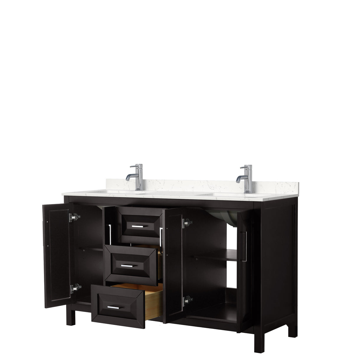 Daria 60 Inch Double Bathroom Vanity in Dark Espresso Carrara Cultured Marble Countertop Undermount Square Sinks No Mirror