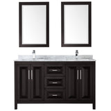 Daria 60 Inch Double Bathroom Vanity in Dark Espresso White Carrara Marble Countertop Undermount Square Sinks and 24 Inch Mirrors