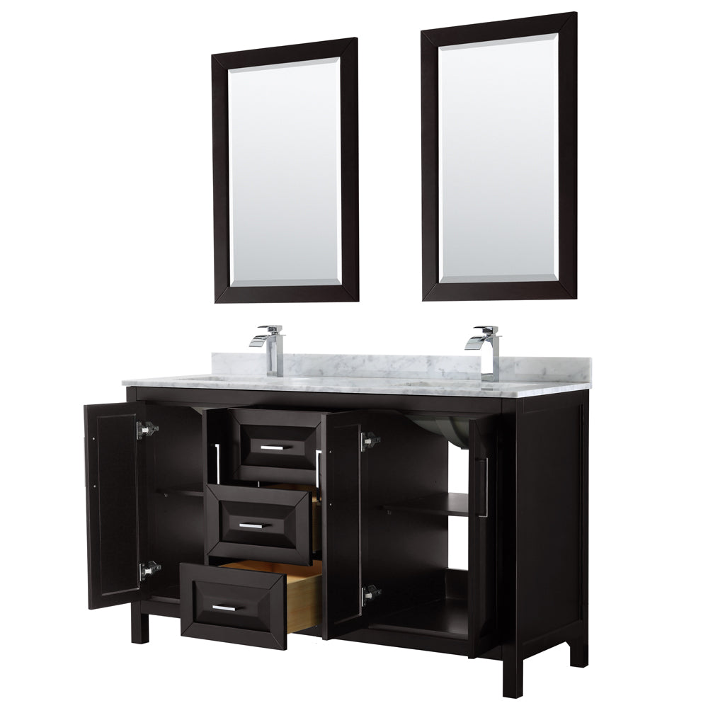 Daria 60 Inch Double Bathroom Vanity in Dark Espresso White Carrara Marble Countertop Undermount Square Sinks and 24 Inch Mirrors