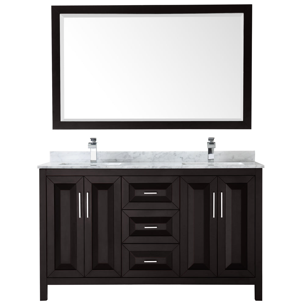 Daria 60 Inch Double Bathroom Vanity in Dark Espresso White Carrara Marble Countertop Undermount Square Sinks and 58 Inch Mirror