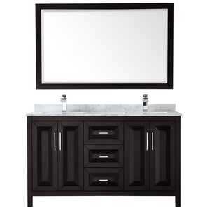 Daria 60 Inch Double Bathroom Vanity in Dark Espresso White Carrara Marble Countertop Undermount Square Sinks and 58 Inch Mirror