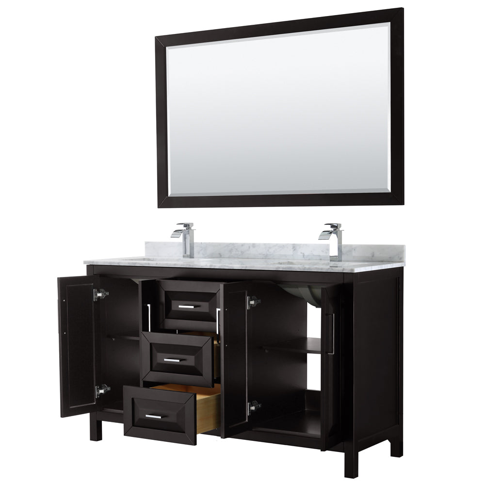 Daria 60 Inch Double Bathroom Vanity in Dark Espresso White Carrara Marble Countertop Undermount Square Sinks and 58 Inch Mirror