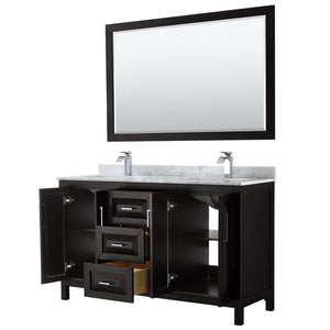 Daria 60 Inch Double Bathroom Vanity in Dark Espresso White Carrara Marble Countertop Undermount Square Sinks and 58 Inch Mirror