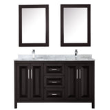 Daria 60 Inch Double Bathroom Vanity in Dark Espresso White Carrara Marble Countertop Undermount Square Sinks and Medicine Cabinets