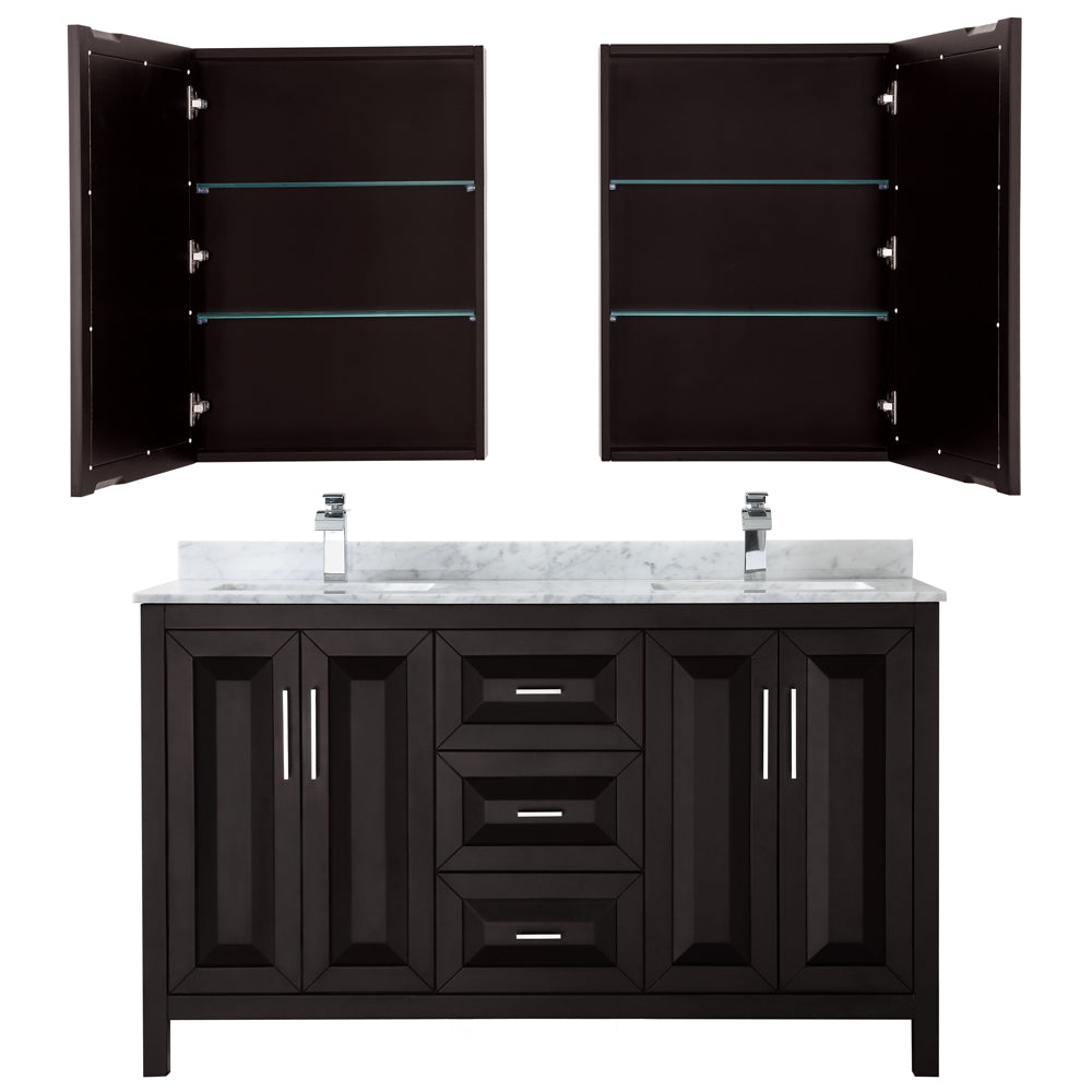 Daria 60 Inch Double Bathroom Vanity in Dark Espresso White Carrara Marble Countertop Undermount Square Sinks and Medicine Cabinets