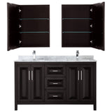 Daria 60 Inch Double Bathroom Vanity in Dark Espresso White Carrara Marble Countertop Undermount Square Sinks and Medicine Cabinets