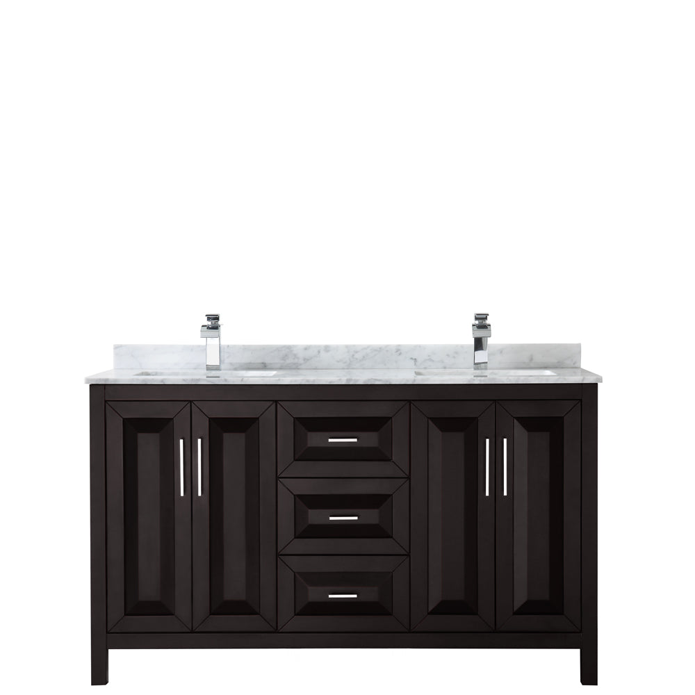 Daria 60 Inch Double Bathroom Vanity in Dark Espresso White Carrara Marble Countertop Undermount Square Sinks and No Mirror