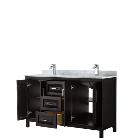 Daria 60 Inch Double Bathroom Vanity in Dark Espresso White Carrara Marble Countertop Undermount Square Sinks and No Mirror