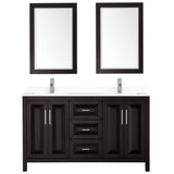 Daria 60 Inch Double Bathroom Vanity in Dark Espresso White Cultured Marble Countertop Undermount Square Sinks 24 Inch Mirrors