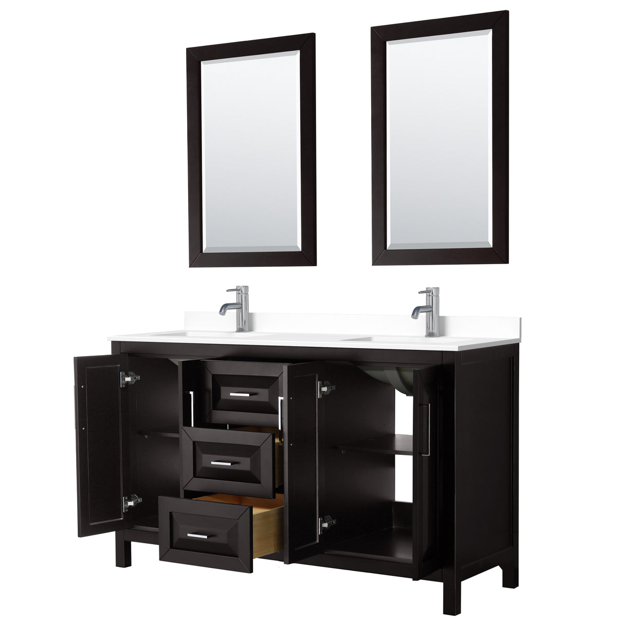 Daria 60 Inch Double Bathroom Vanity in Dark Espresso White Cultured Marble Countertop Undermount Square Sinks 24 Inch Mirrors