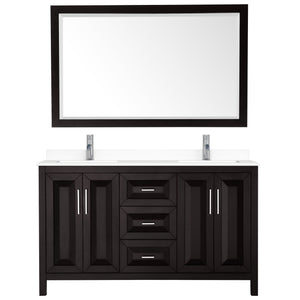 Daria 60 Inch Double Bathroom Vanity in Dark Espresso White Cultured Marble Countertop Undermount Square Sinks 58 Inch Mirror