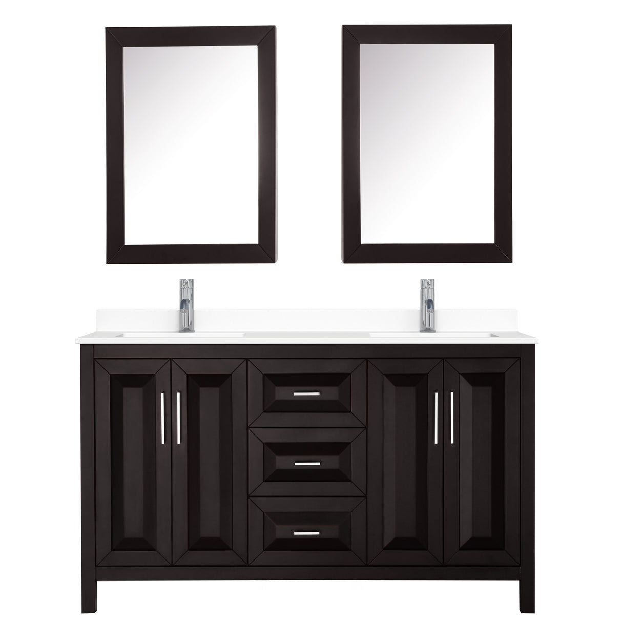 Daria 60 Inch Double Bathroom Vanity in Dark Espresso White Cultured Marble Countertop Undermount Square Sinks Medicine Cabinets