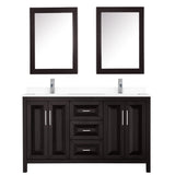 Daria 60 Inch Double Bathroom Vanity in Dark Espresso White Cultured Marble Countertop Undermount Square Sinks Medicine Cabinets