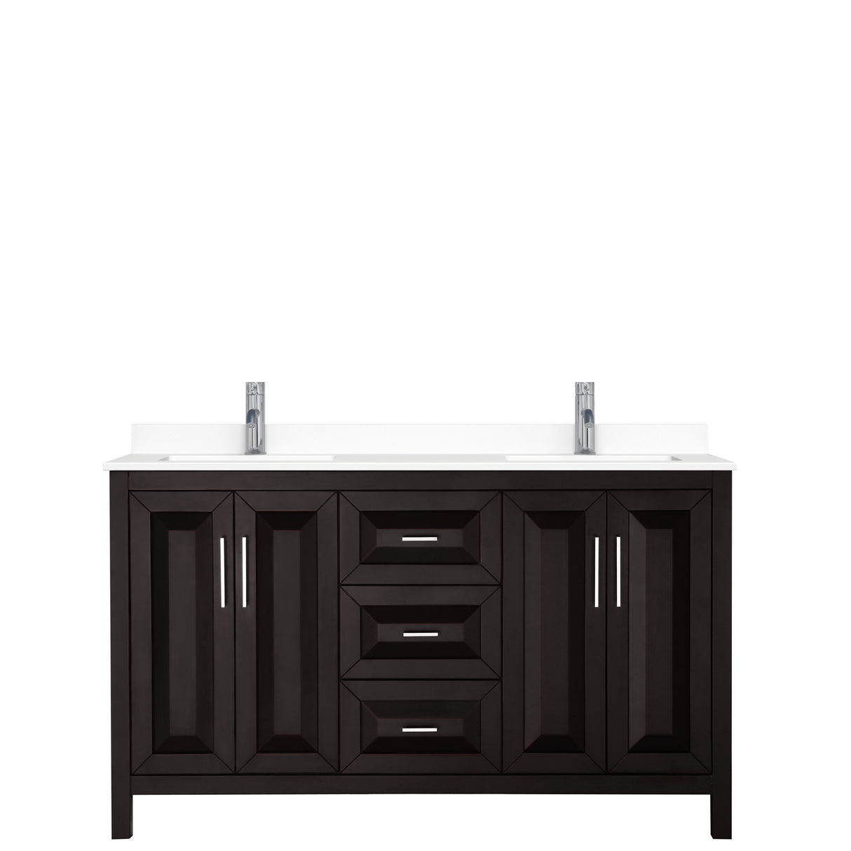 Daria 60 Inch Double Bathroom Vanity in Dark Espresso White Cultured Marble Countertop Undermount Square Sinks No Mirror