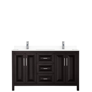 Daria 60 Inch Double Bathroom Vanity in Dark Espresso White Cultured Marble Countertop Undermount Square Sinks No Mirror