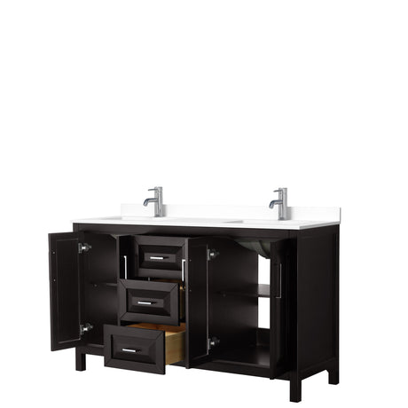 Daria 60 Inch Double Bathroom Vanity in Dark Espresso White Cultured Marble Countertop Undermount Square Sinks No Mirror