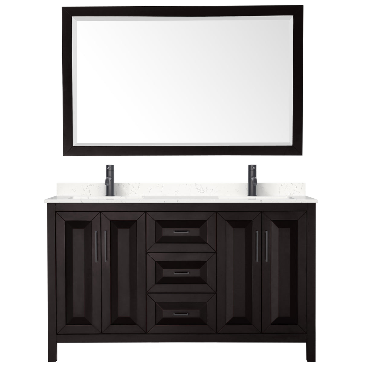 Daria 60 Inch Double Bathroom Vanity in Dark Espresso Carrara Cultured Marble Countertop Undermount Square Sinks Matte Black Trim 58 Inch Mirror