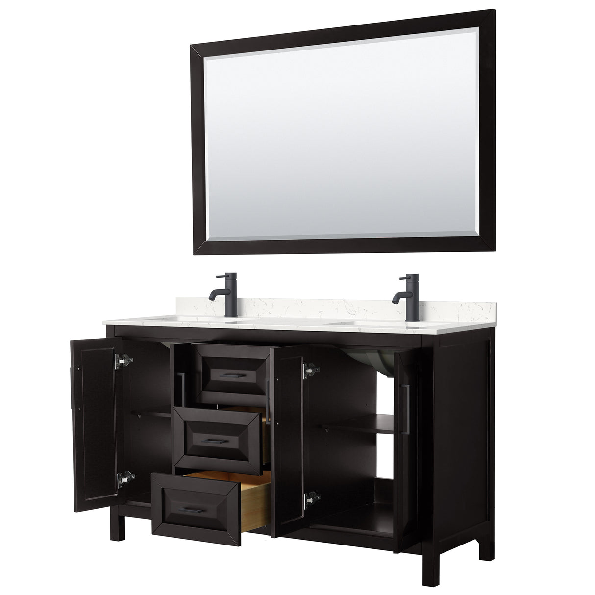 Daria 60 Inch Double Bathroom Vanity in Dark Espresso Carrara Cultured Marble Countertop Undermount Square Sinks Matte Black Trim 58 Inch Mirror