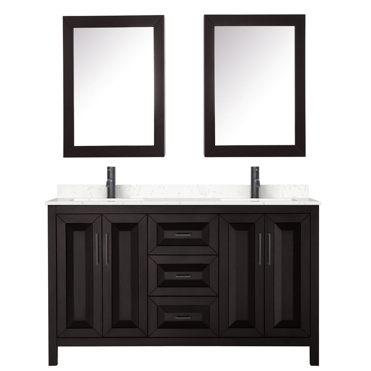 Daria 60 Inch Double Bathroom Vanity in Dark Espresso Carrara Cultured Marble Countertop Undermount Square Sinks Matte Black Trim Medicine Cabinets