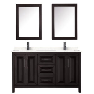 Daria 60 Inch Double Bathroom Vanity in Dark Espresso Carrara Cultured Marble Countertop Undermount Square Sinks Matte Black Trim Medicine Cabinets