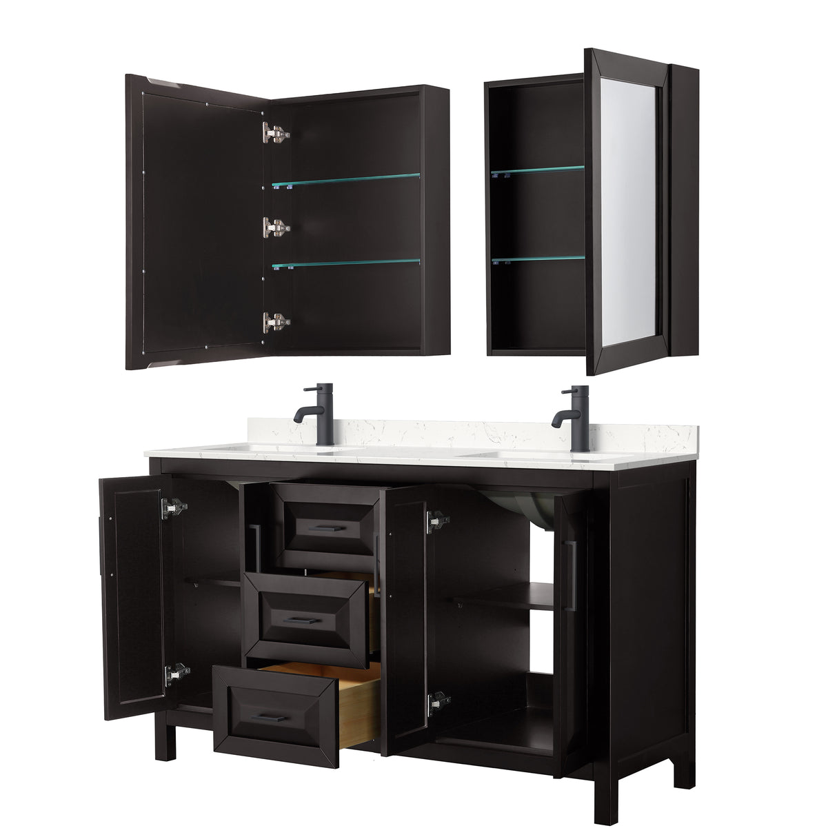 Daria 60 Inch Double Bathroom Vanity in Dark Espresso Carrara Cultured Marble Countertop Undermount Square Sinks Matte Black Trim Medicine Cabinets