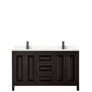 Daria 60 Inch Double Bathroom Vanity in Dark Espresso Carrara Cultured Marble Countertop Undermount Square Sinks Matte Black Trim