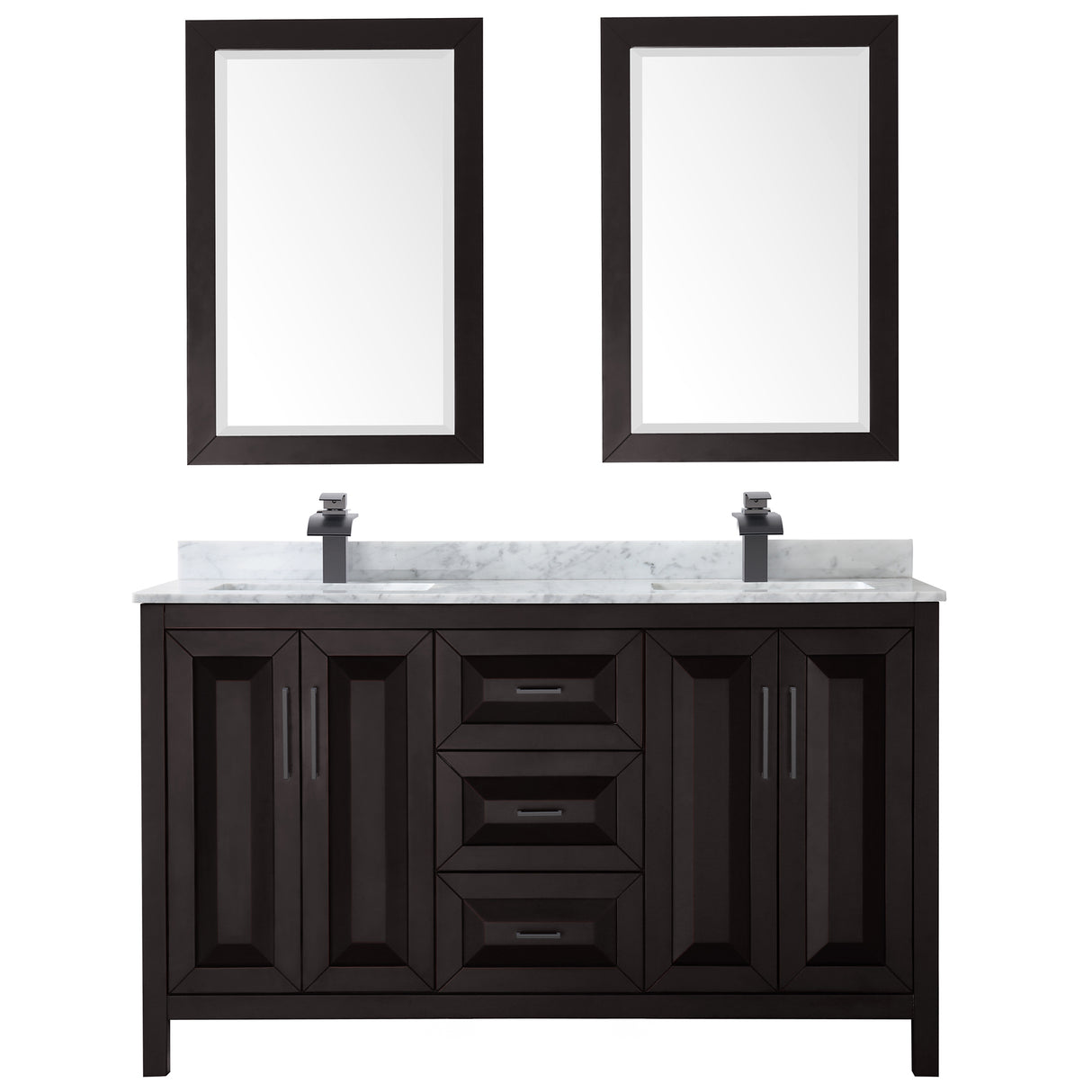 Daria 60 Inch Double Bathroom Vanity in Dark Espresso White Carrara Marble Countertop Undermount Square Sinks Matte Black Trim 24 Inch Mirrors