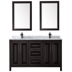 Daria 60 Inch Double Bathroom Vanity in Dark Espresso White Carrara Marble Countertop Undermount Square Sinks Matte Black Trim 24 Inch Mirrors