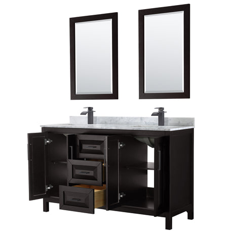 Daria 60 Inch Double Bathroom Vanity in Dark Espresso White Carrara Marble Countertop Undermount Square Sinks Matte Black Trim 24 Inch Mirrors