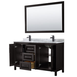 Daria 60 Inch Double Bathroom Vanity in Dark Espresso White Carrara Marble Countertop Undermount Square Sinks Matte Black Trim 58 Inch Mirror